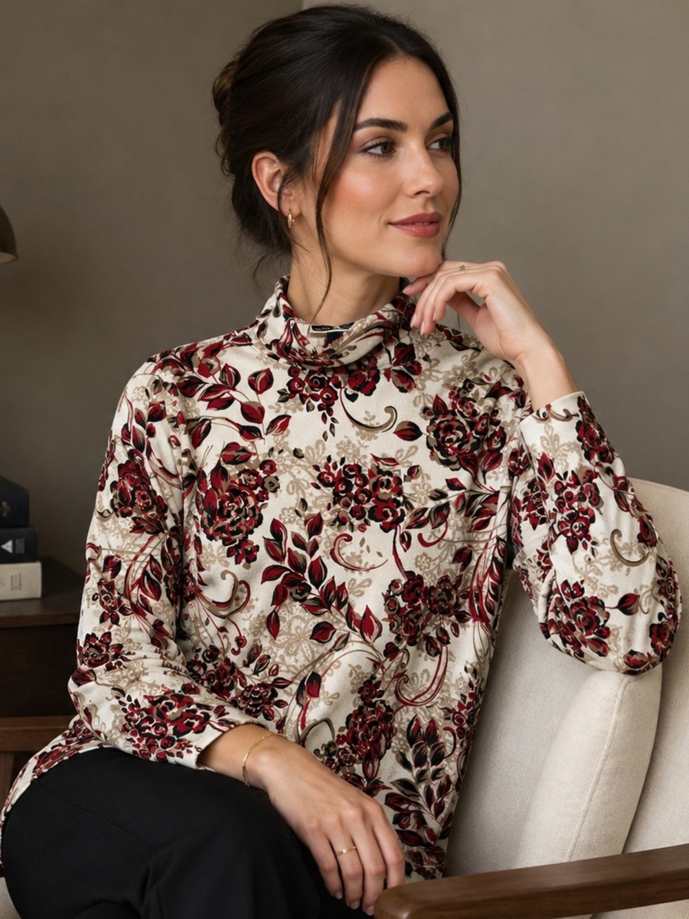 Vintage Floral Turtleneck Botanical Print Burgundy Cottagecore XL